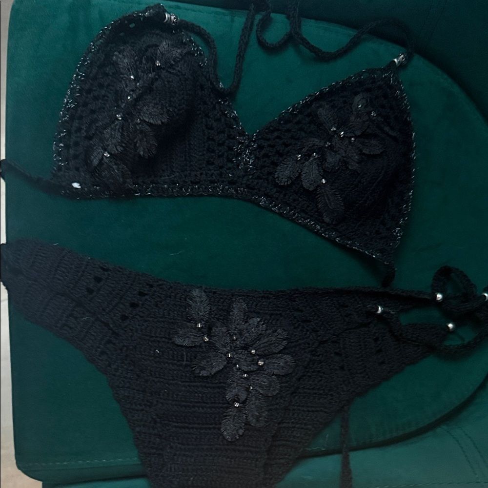 Black Crochet Bikini Set Size Medium BRAND NEW Never Worn Ties